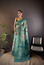 Fancy Rama green linen silk saree with digital printed work