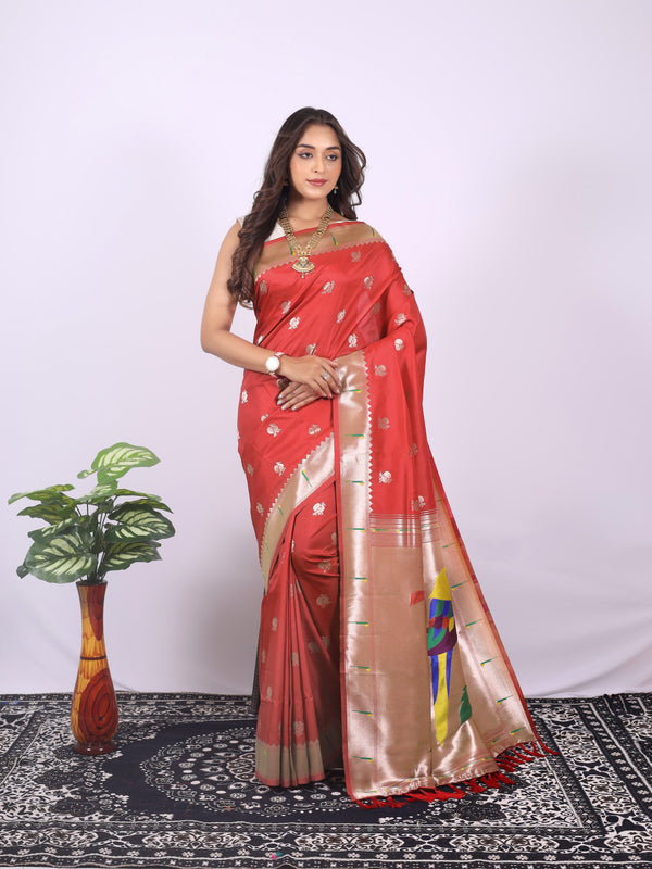 Red color paithani silk saree with zari weaving work