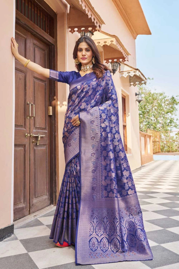 Navy blue color kanjivaram silk saree with zari weaving work