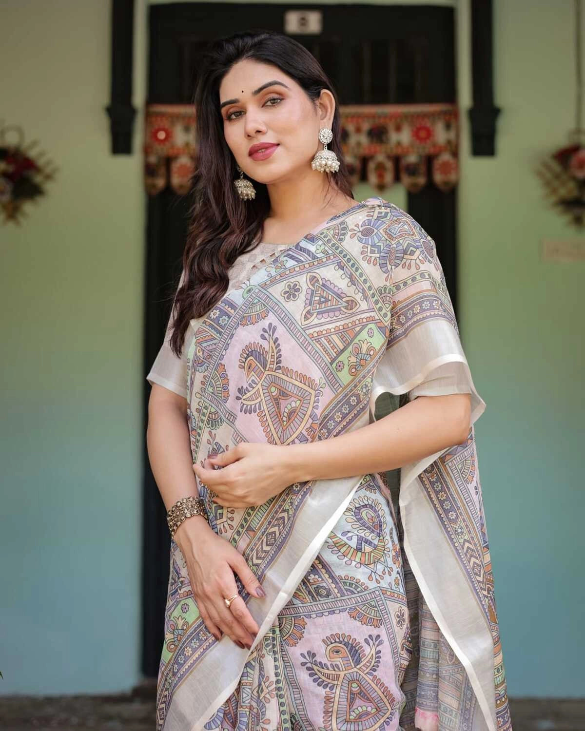 Multi summer special digital printed linen cotton saree