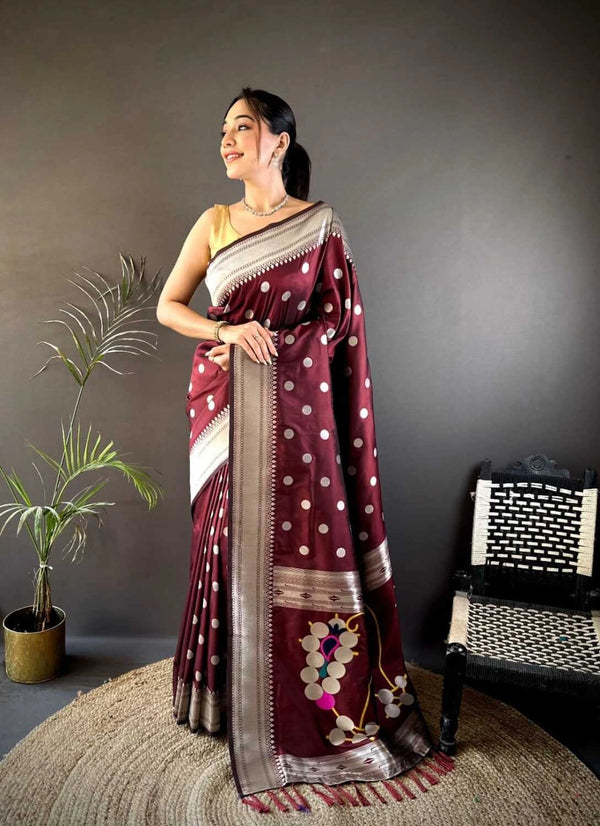 Maroon Nath paithani silk saree with zari weaving work
