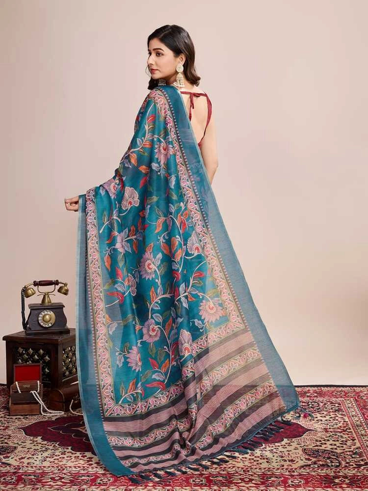 Rama green soft linen cotton saree with kalamkari digital printed work