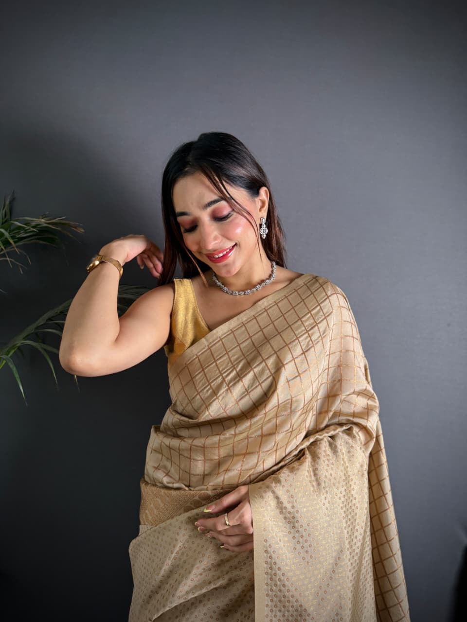 Beige color banarasi silk saree with zari weaving work