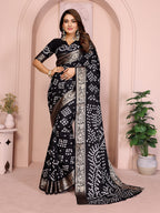 Black colour hand bandhej bandhani saree with zari weaving work