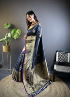 Navy blue kanchipuram silk saree with golden zari weaving work