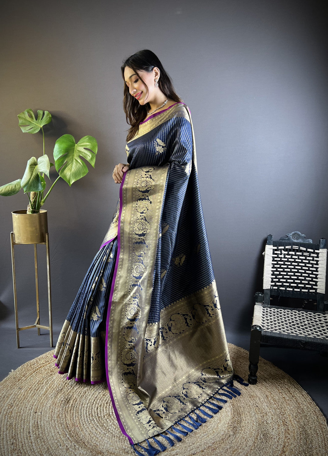 Navy blue kanchipuram silk saree with golden zari weaving work