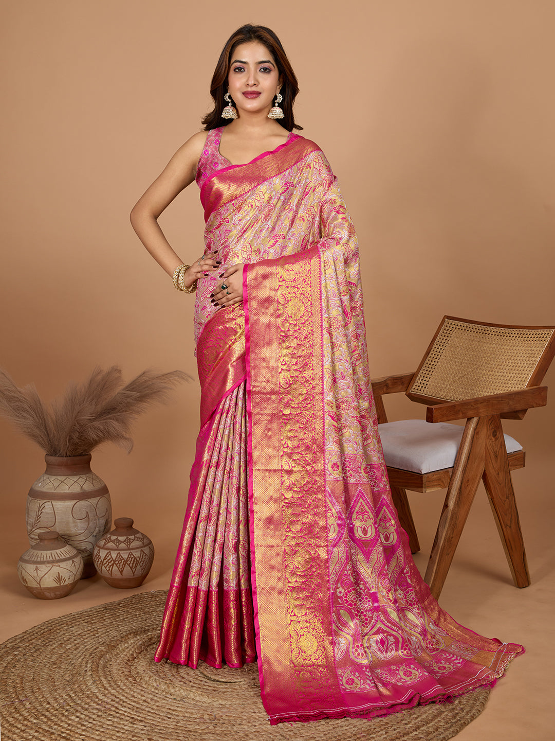 Peach kanjivaram silk saree with zari weaving work