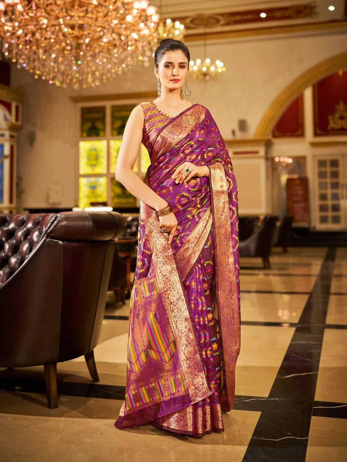 Purple soft organza silk saree with zari weaving work