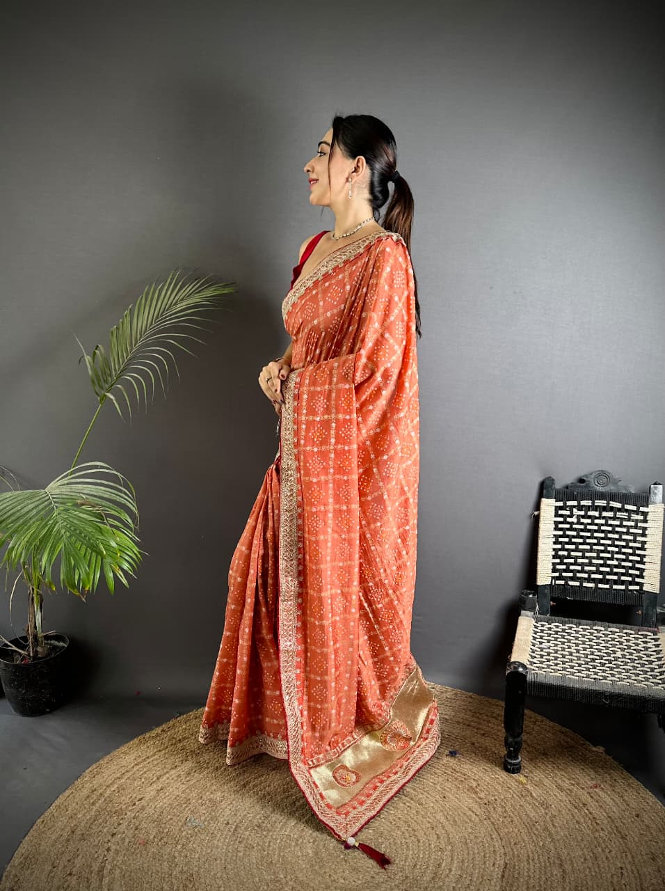 Orange traditional blooming vichitra khadi bandhej silk saree with sequence work