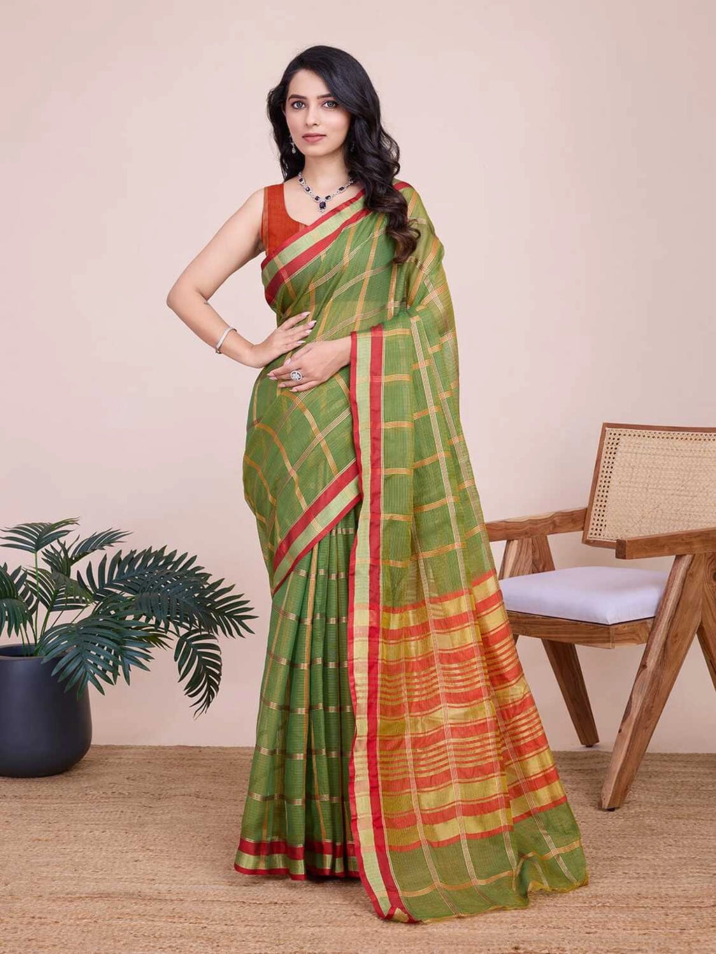 Mahendi green kota doriya saree with zari weaving work