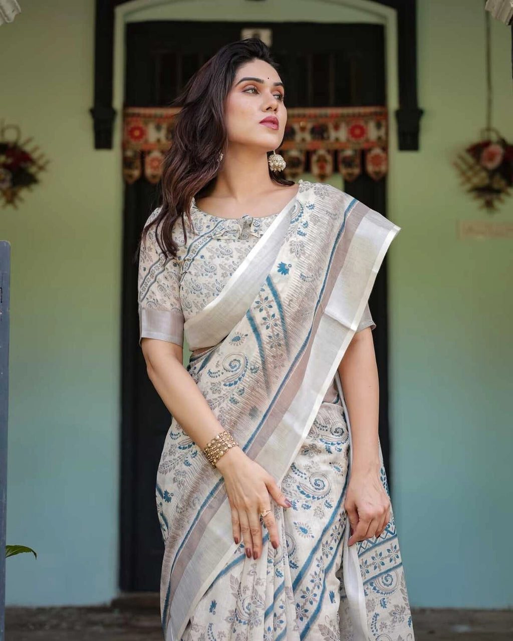 Multi summer special digital printed linen cotton saree