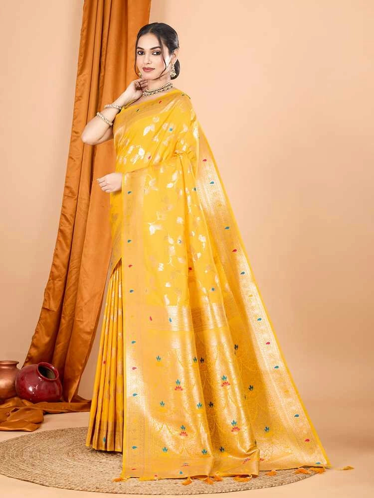 Yellow premium banarasi silk saree with meenakari zari weaving work