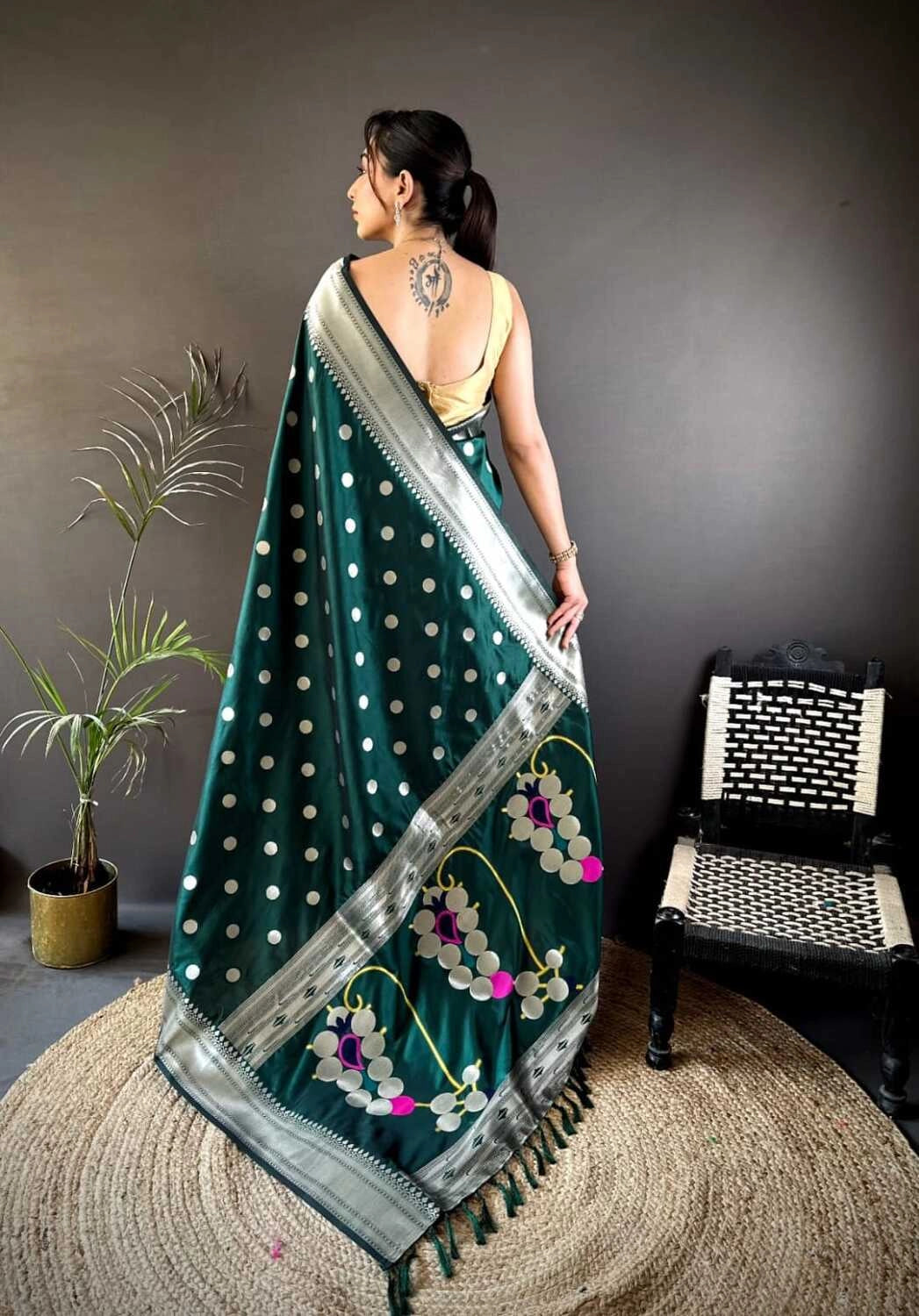 Bottle green Nath paithani silk saree with zari weaving work