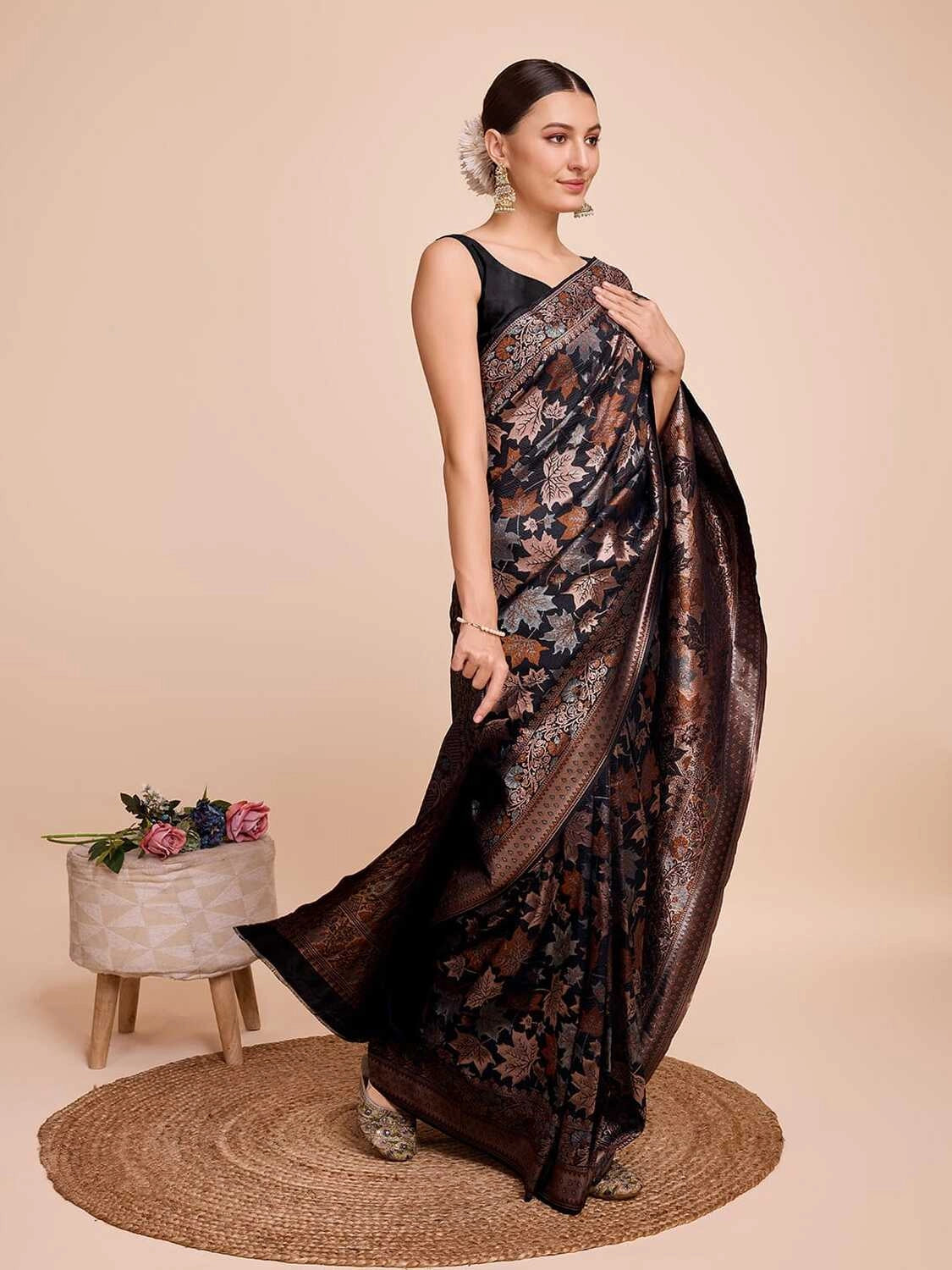 Golden & copper zari weaving with black color soft silk banarasi saree
