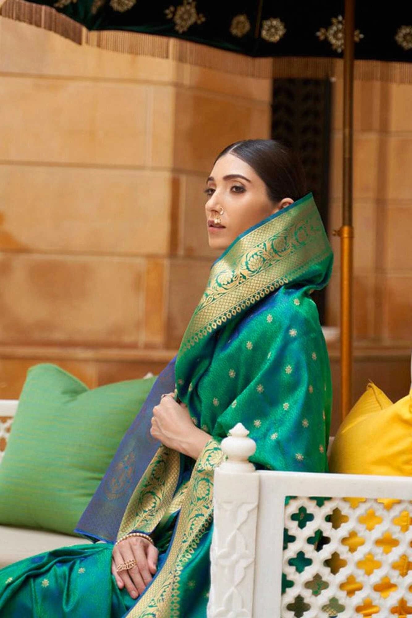Rama green soft banarasi silk saree with zari weaving work