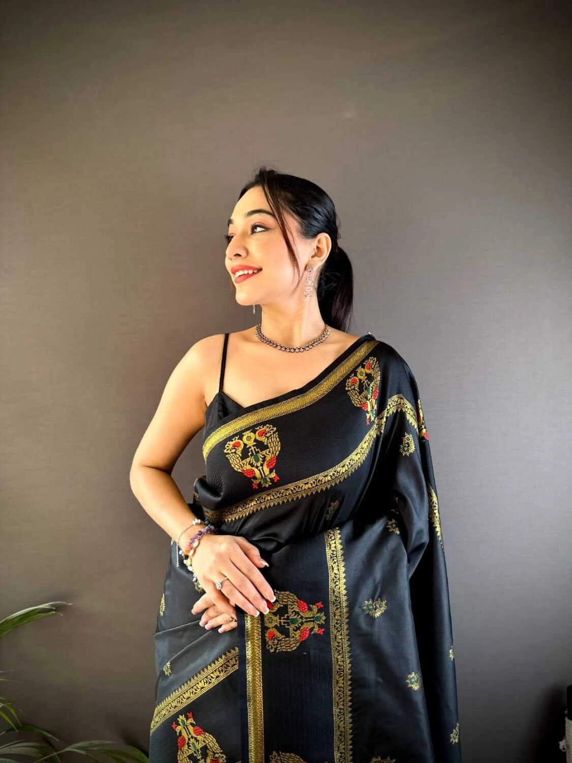 Black traditional paithani silk saree with meenakari zari weaving work