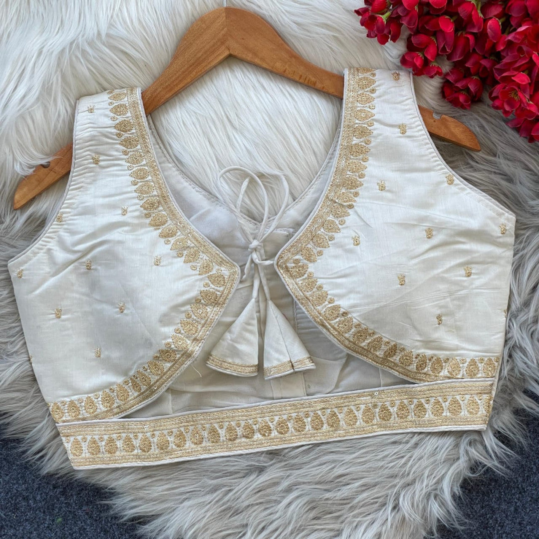 White sequence and embroidery roman silk readymade blouse