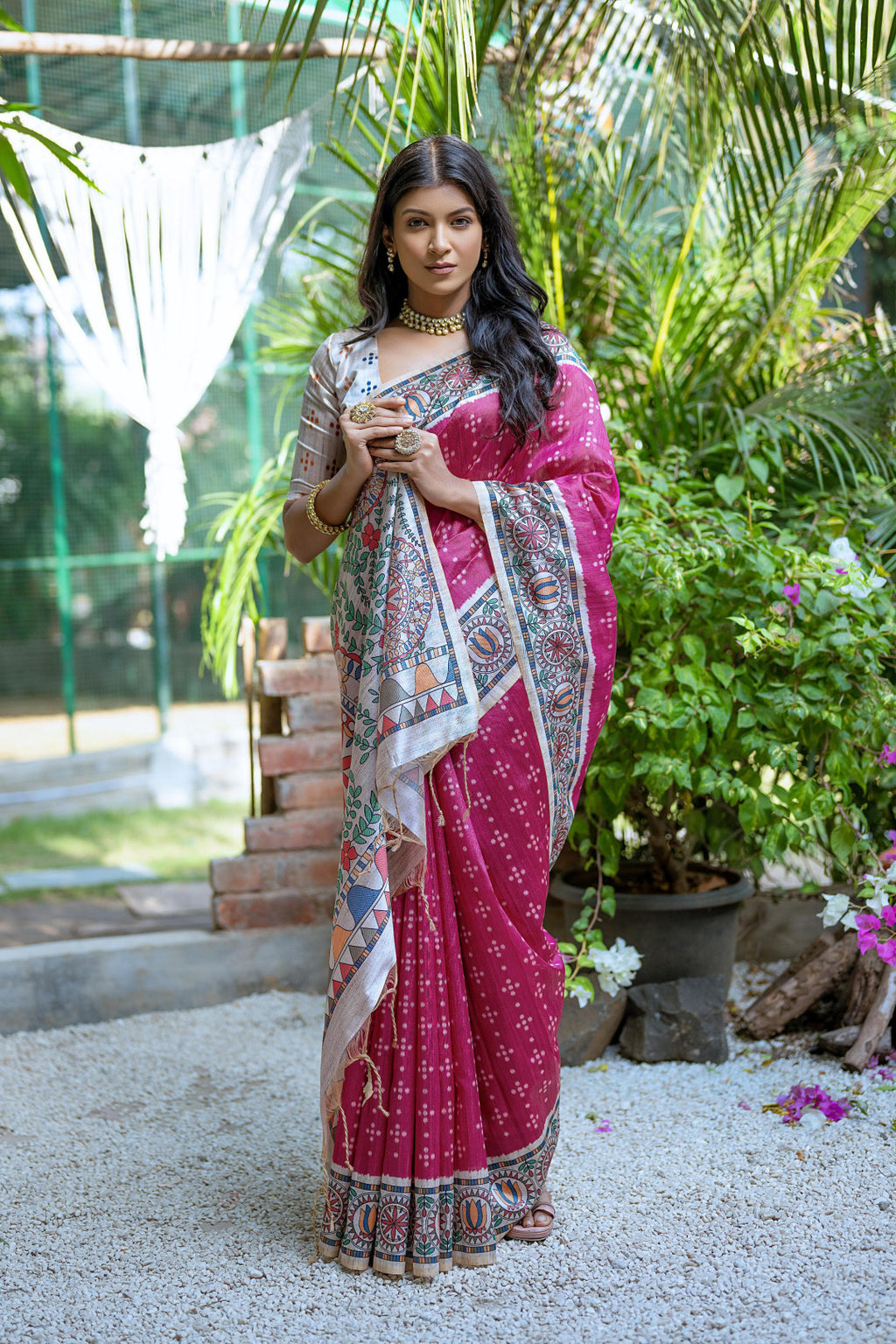 Pink color tussar silk saree with madhubani printed work