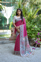 Pink color tussar silk saree with madhubani printed work