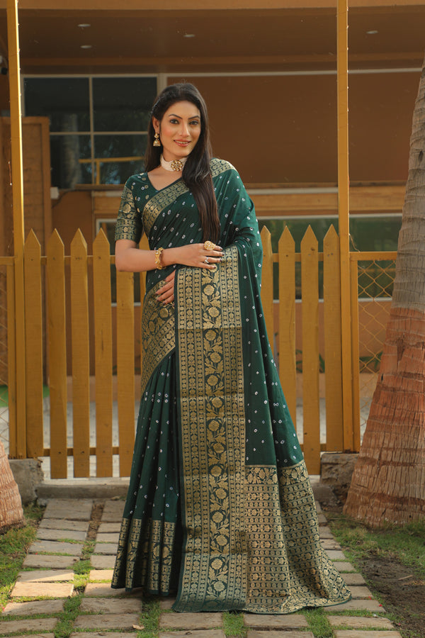 Green color bandhej silk saree with zari weaving work