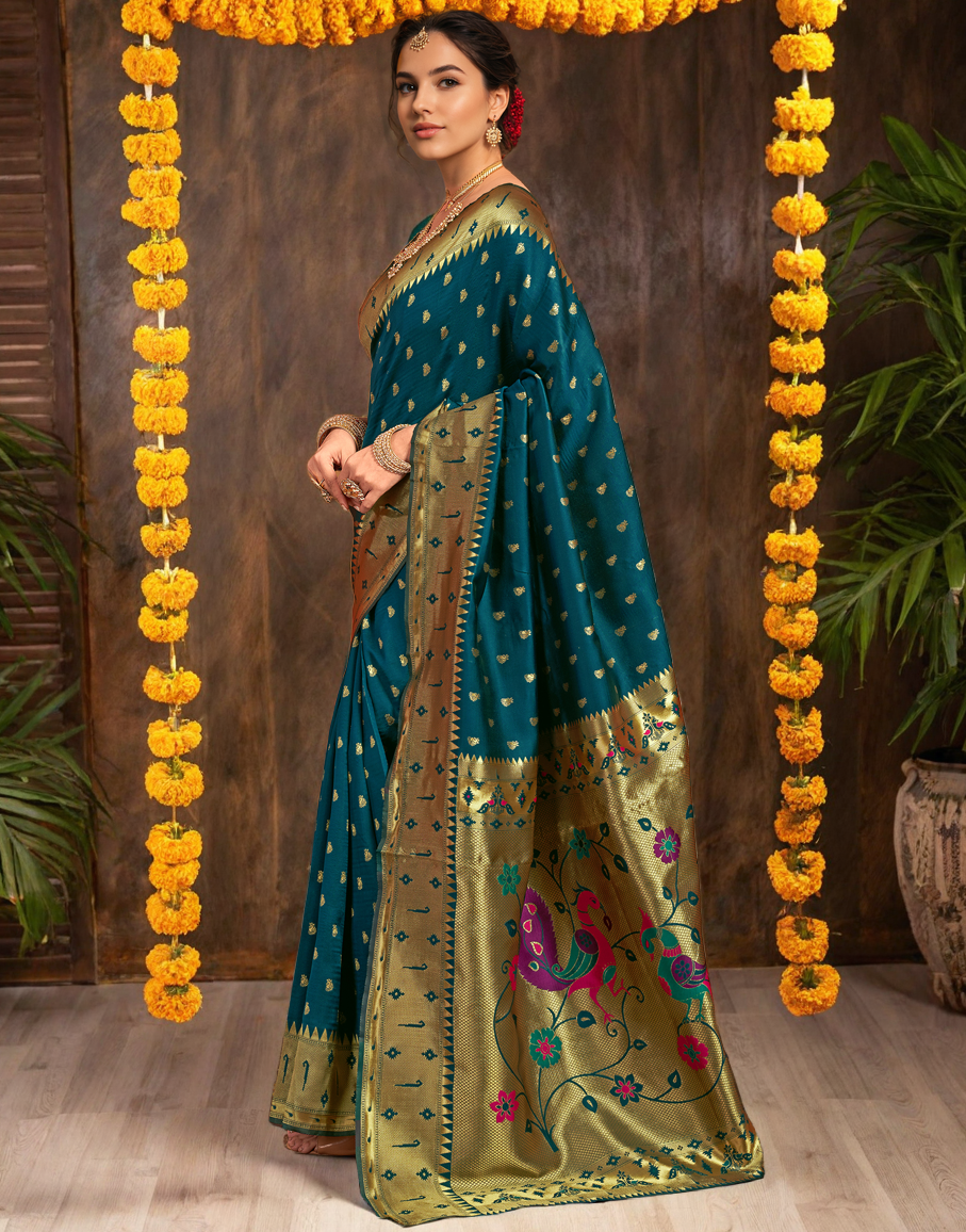 Traditional morpeach paithani silk saree with zari weaving work