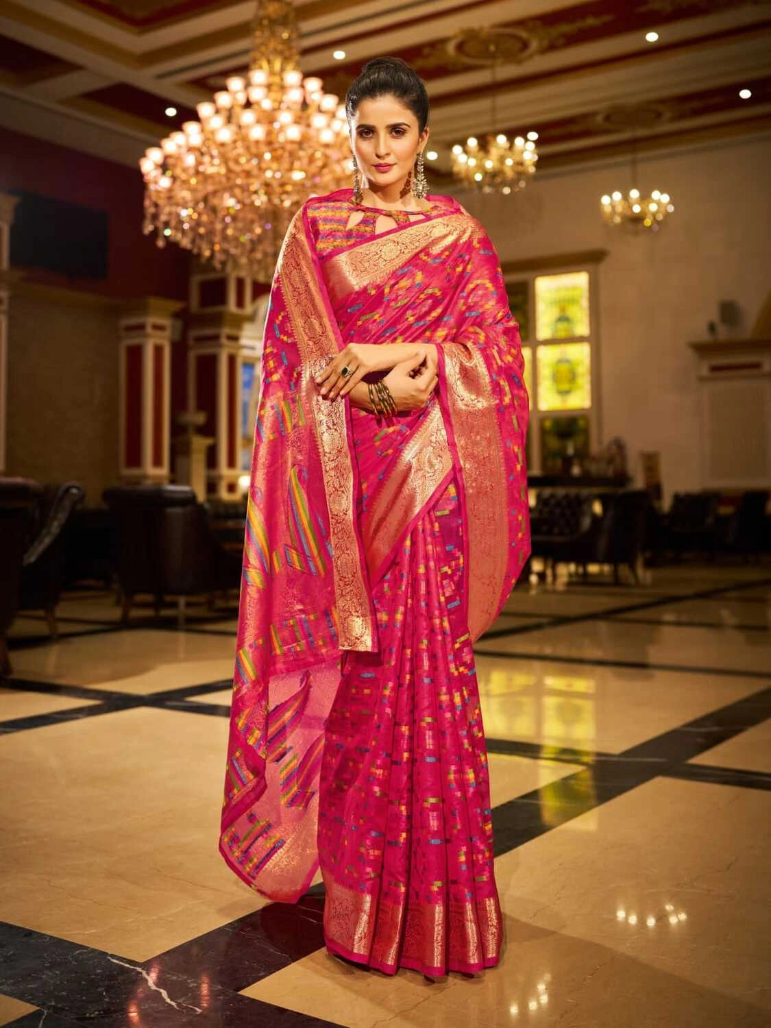 Pink soft organza silk saree with zari weaving work