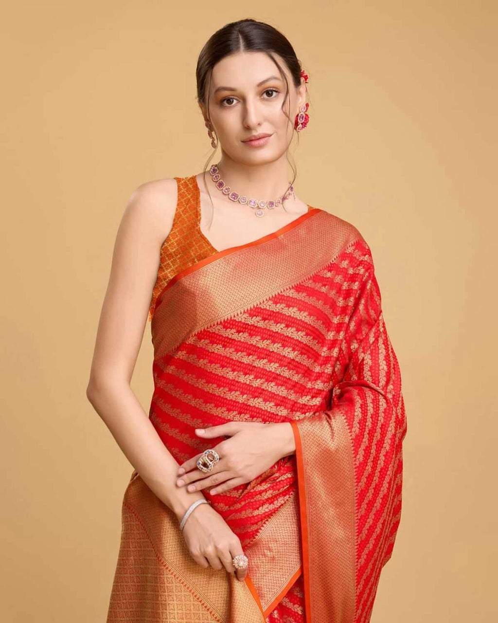 Red color kanchipuram silk saree with zari woven work