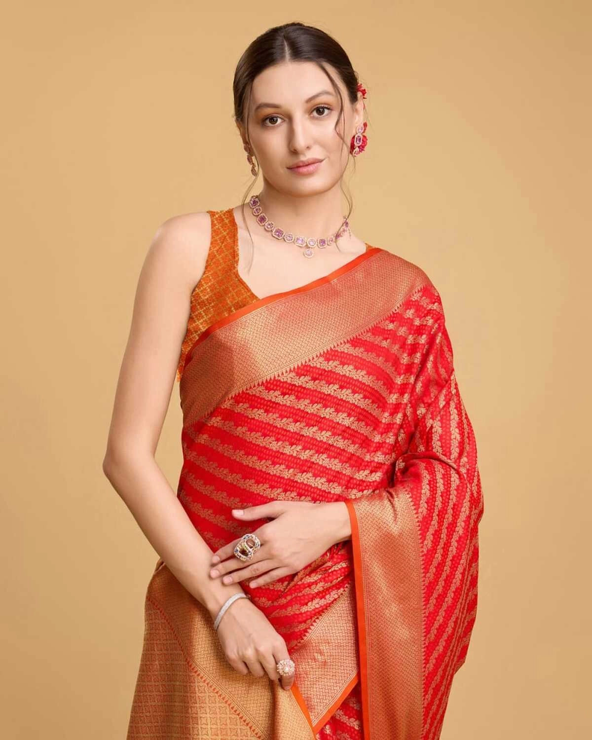 Red color kanchipuram silk saree with zari woven work