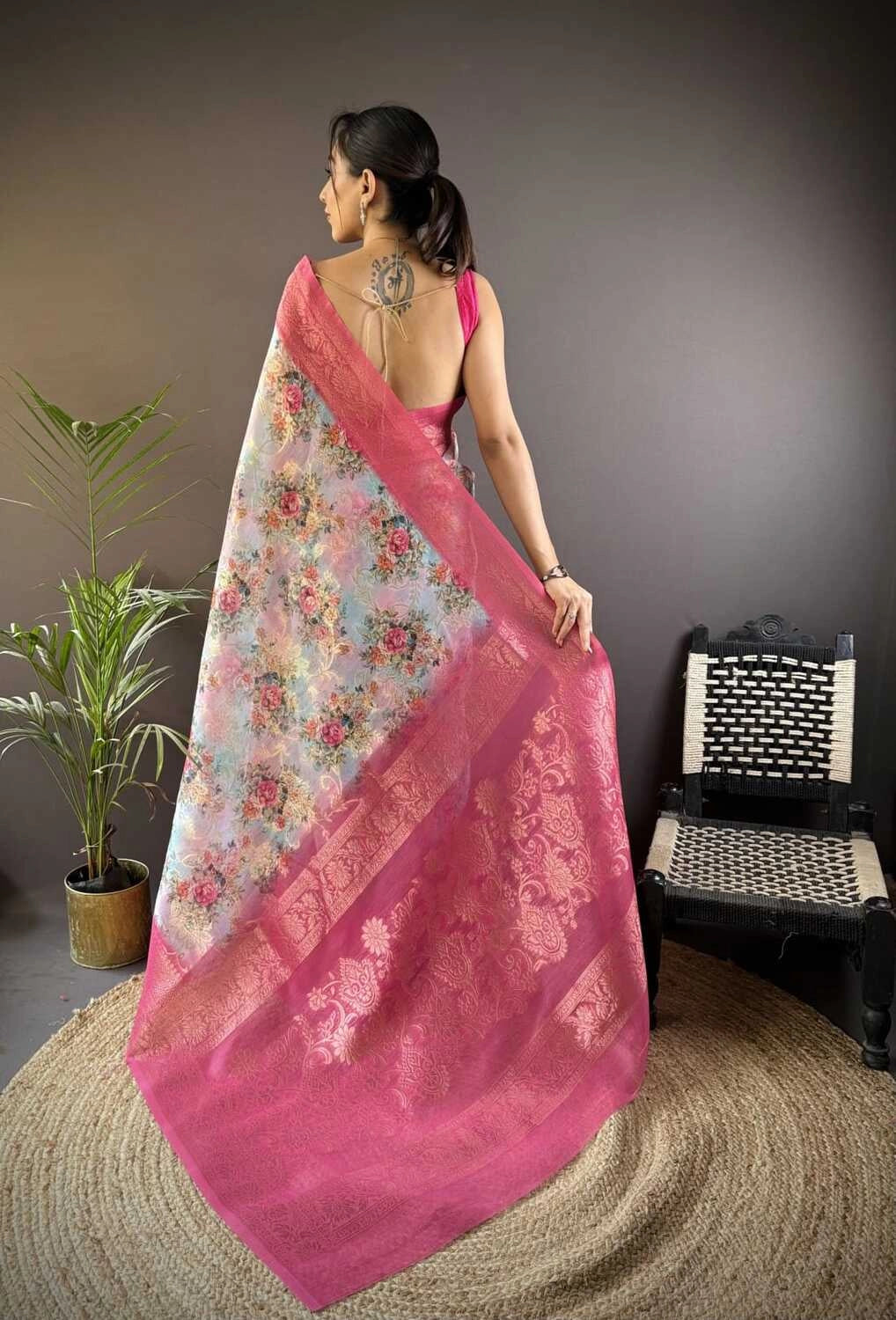 Fancy Pink linen silk saree with digital printed work