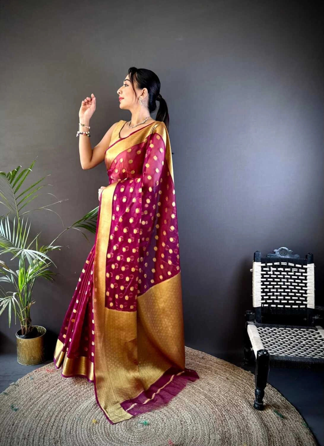 Magenta latest organza silk saree with zari weaving work