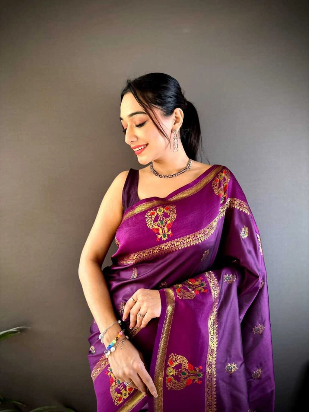 Magenta traditional paithani silk saree with meenakari zari weaving work