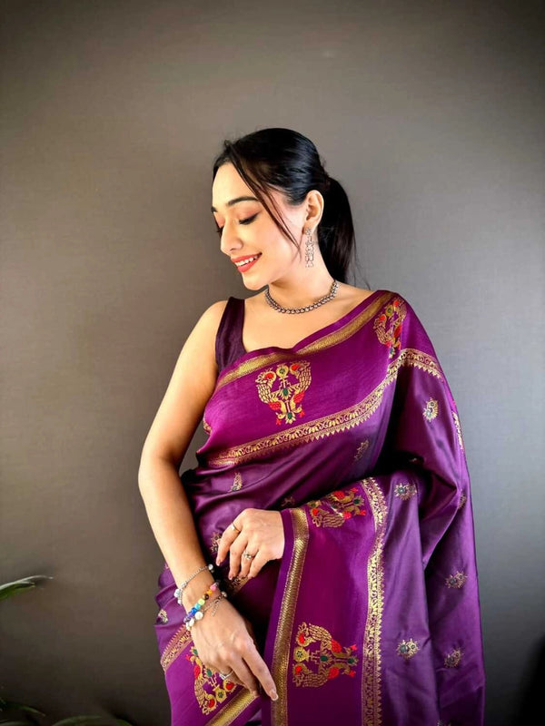 Magenta traditional paithani silk saree with meenakari zari weaving work