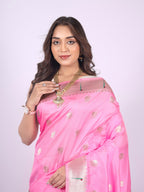 Baby pink color paithani silk saree with zari weaving work