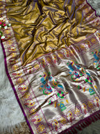 Mustard yellow traditional paithani silk saree with peacock zari weaving work