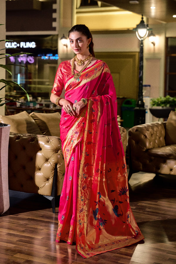 Traditional pink paithani silk saree with zari weaving work