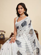 White linen cotton saree with digital printed work and silver zari border
