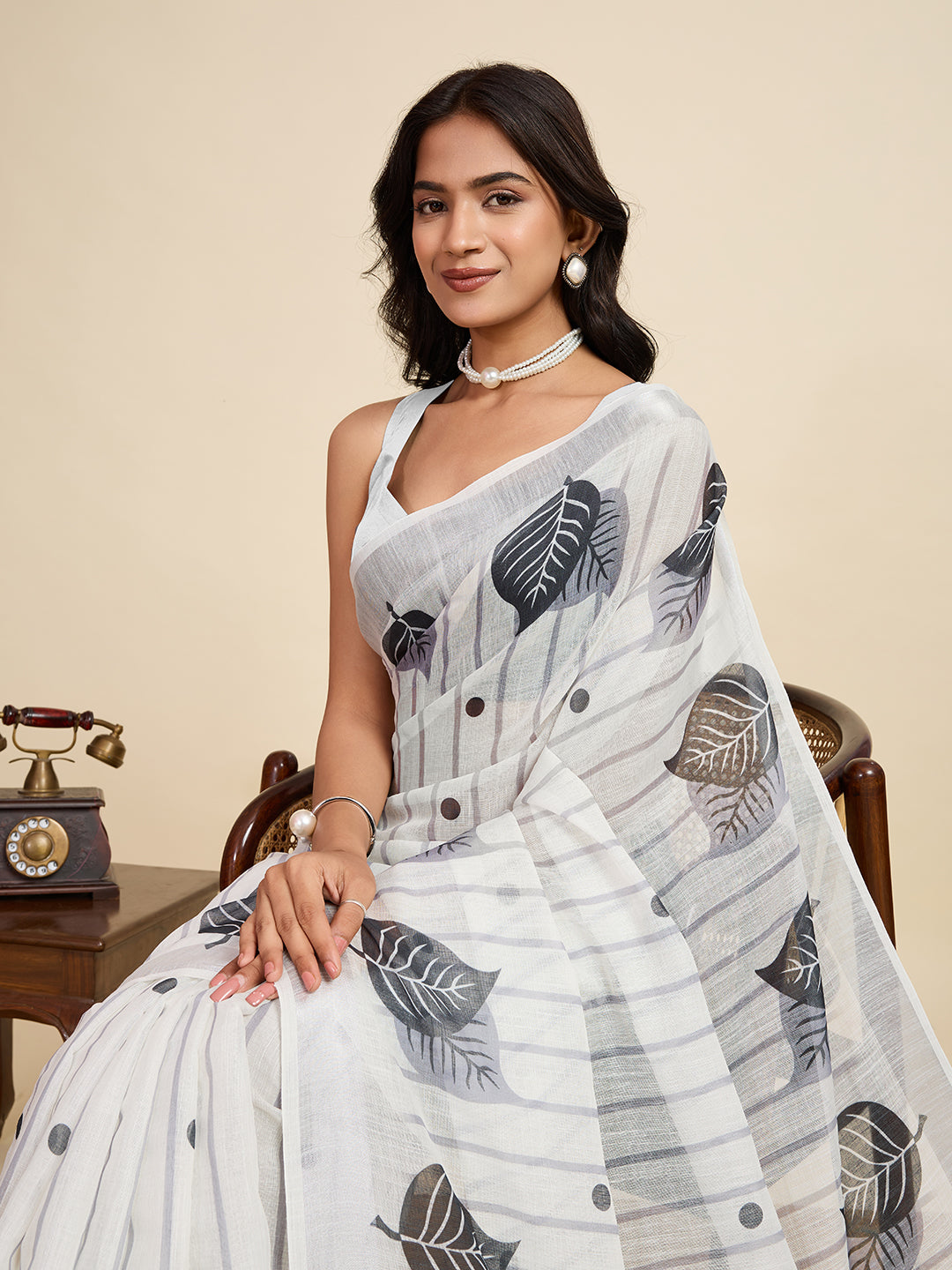 White linen cotton saree with digital printed work and silver zari border