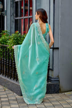 Sea green fancy shimmer chiffon saree with embroidery work