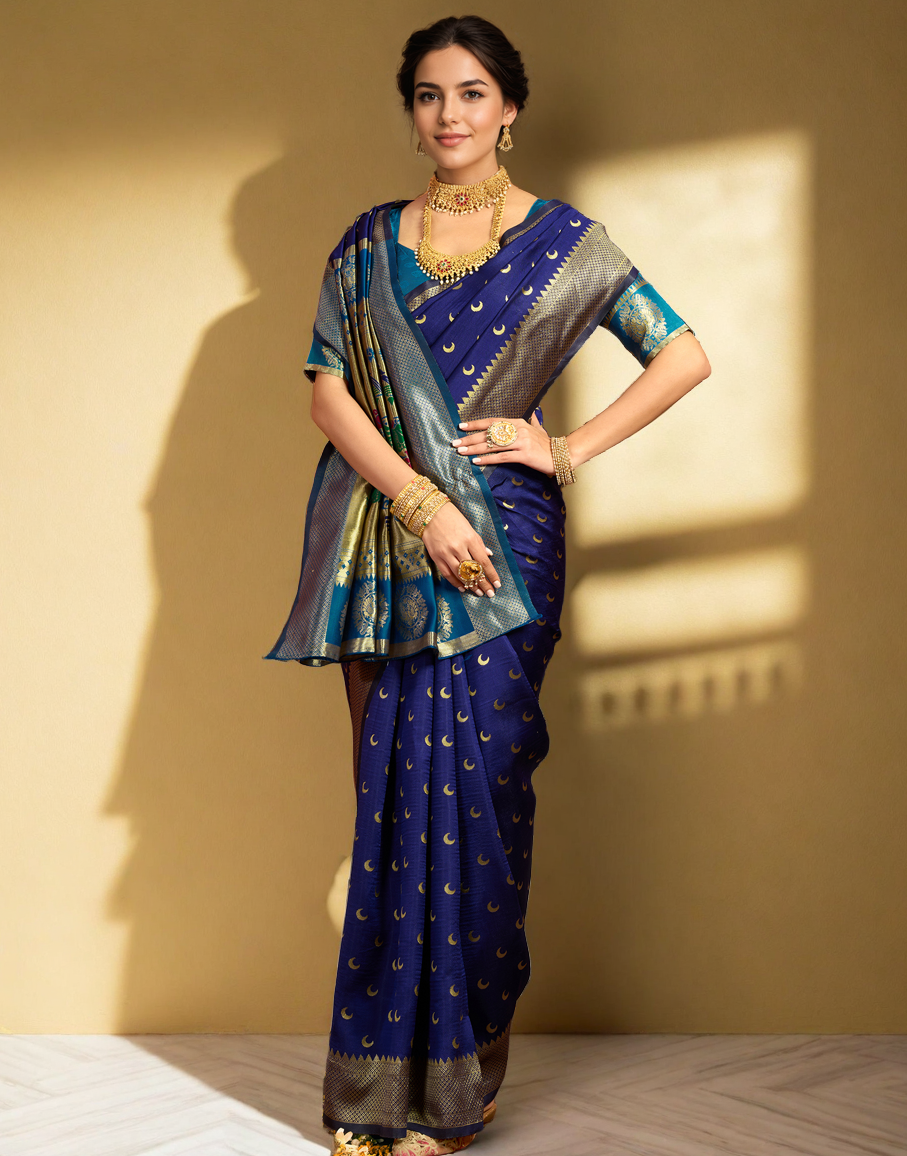 Traditional navy blue chand design paithani silk saree with zari weaving work