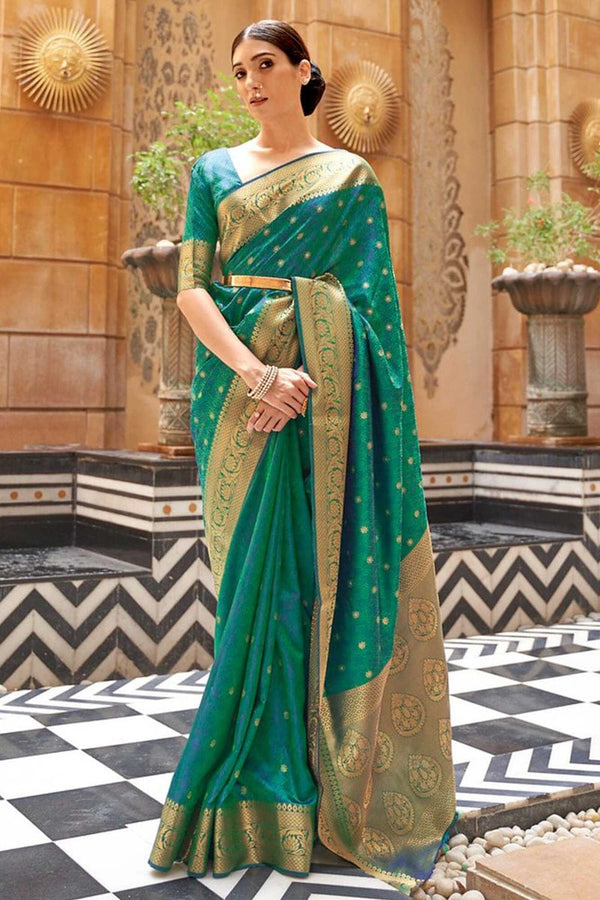 Rama green soft banarasi silk saree with zari weaving work