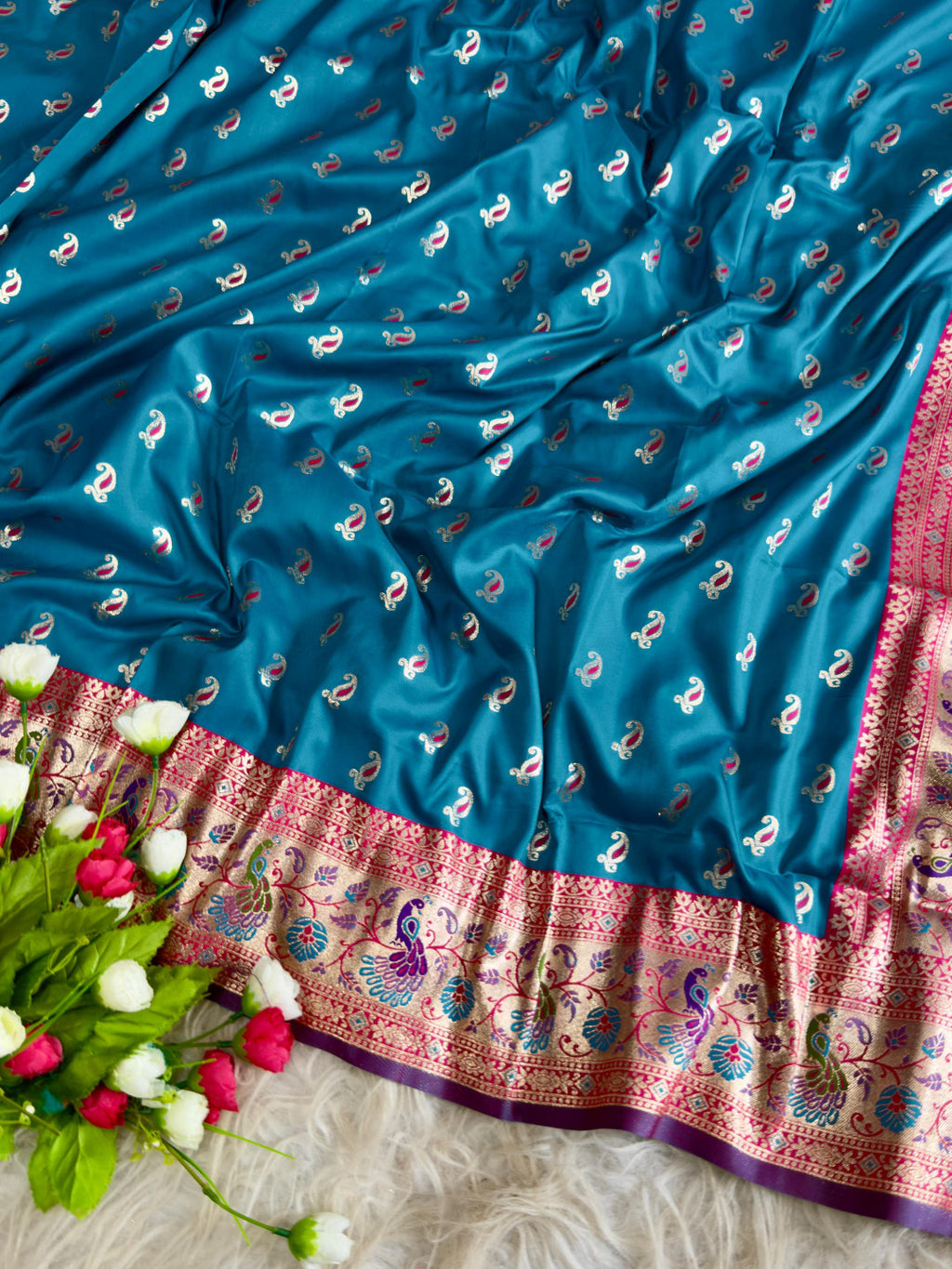 Sky blue traditional paithani silk saree with peacock zari weaving work