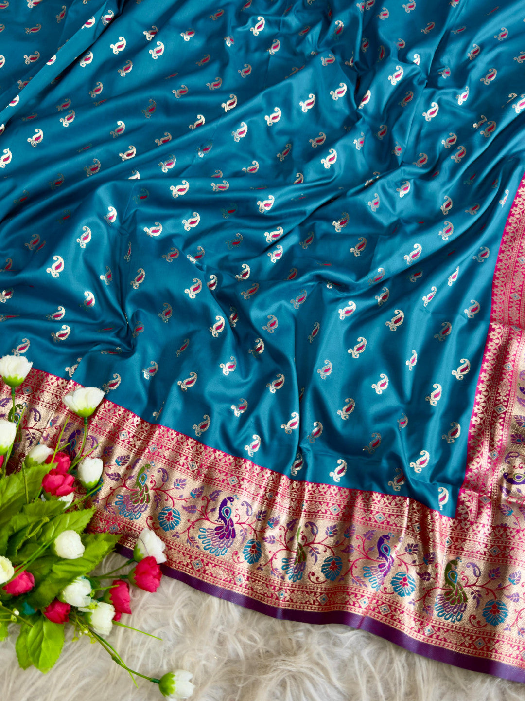 Sky blue traditional paithani silk saree with peacock zari weaving work