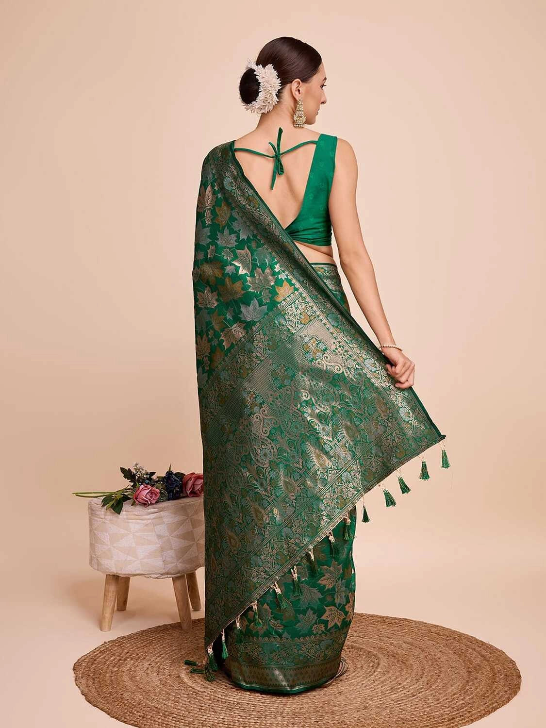 Golden & copper zari weaving with green color soft silk banarasi saree