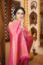 Rani pink color kanjivaram silk saree with zari weaving work