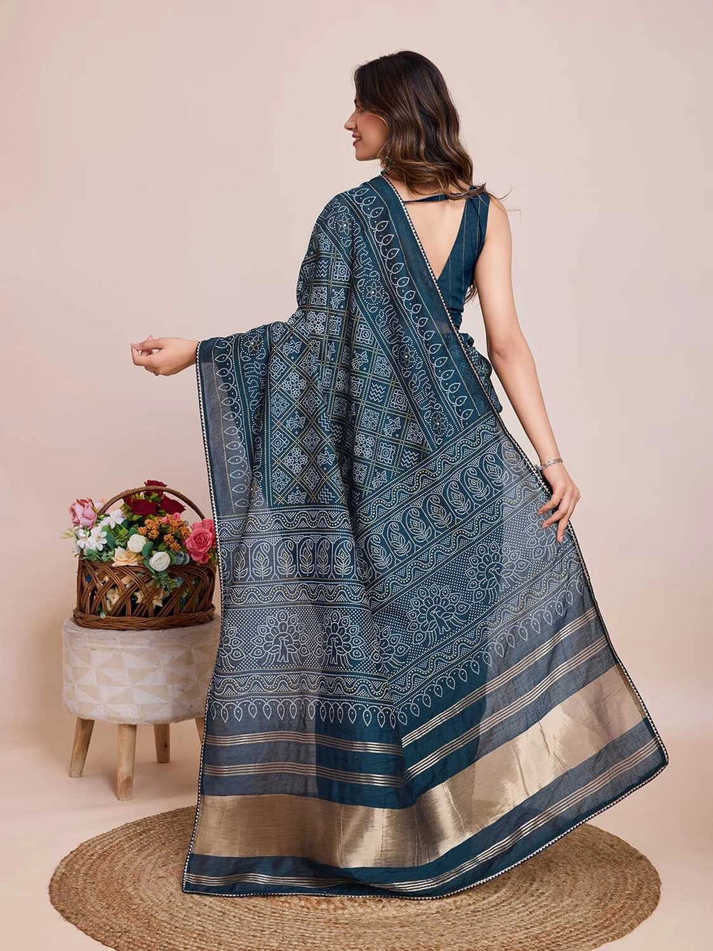 Rama green khadi bandhani printed cotton saree