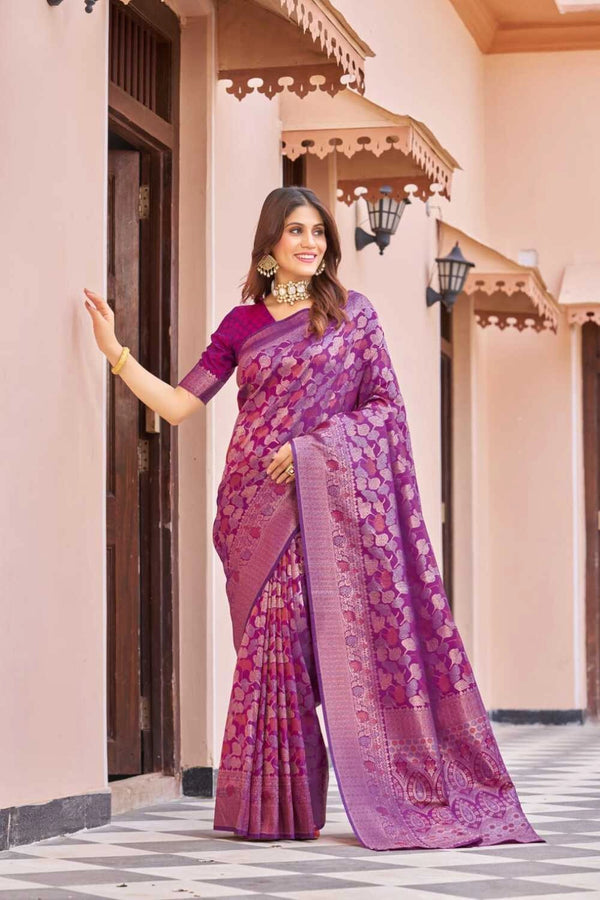 Purple kanjivaram silk saree with zari weaving work