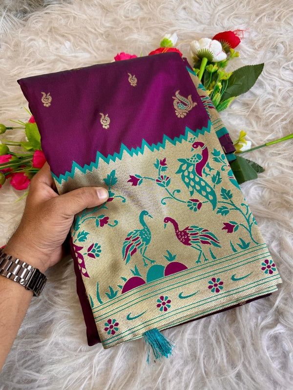 Magenta traditional paithani silk saree with peacock zari weaving work