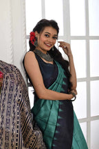 Rama green color tussar silk saree with printed work