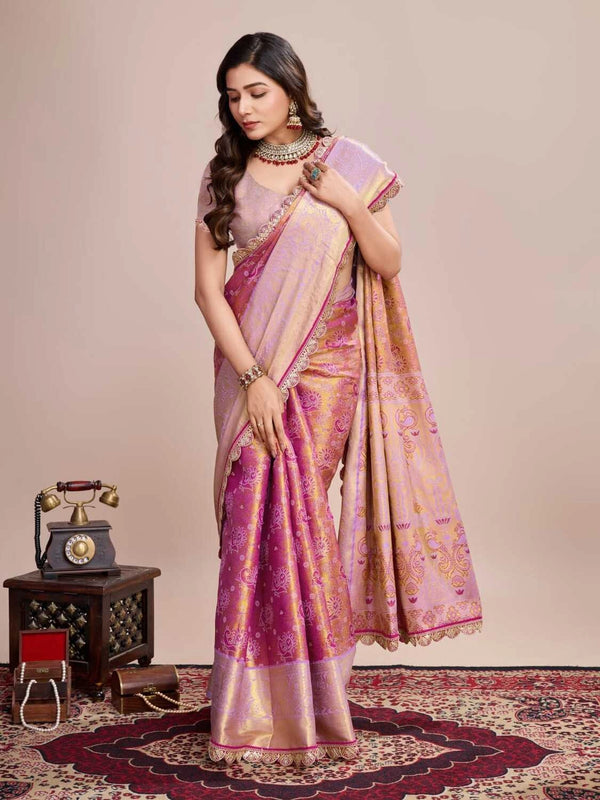 Pink kanjivaram silk saree with zari weaving work