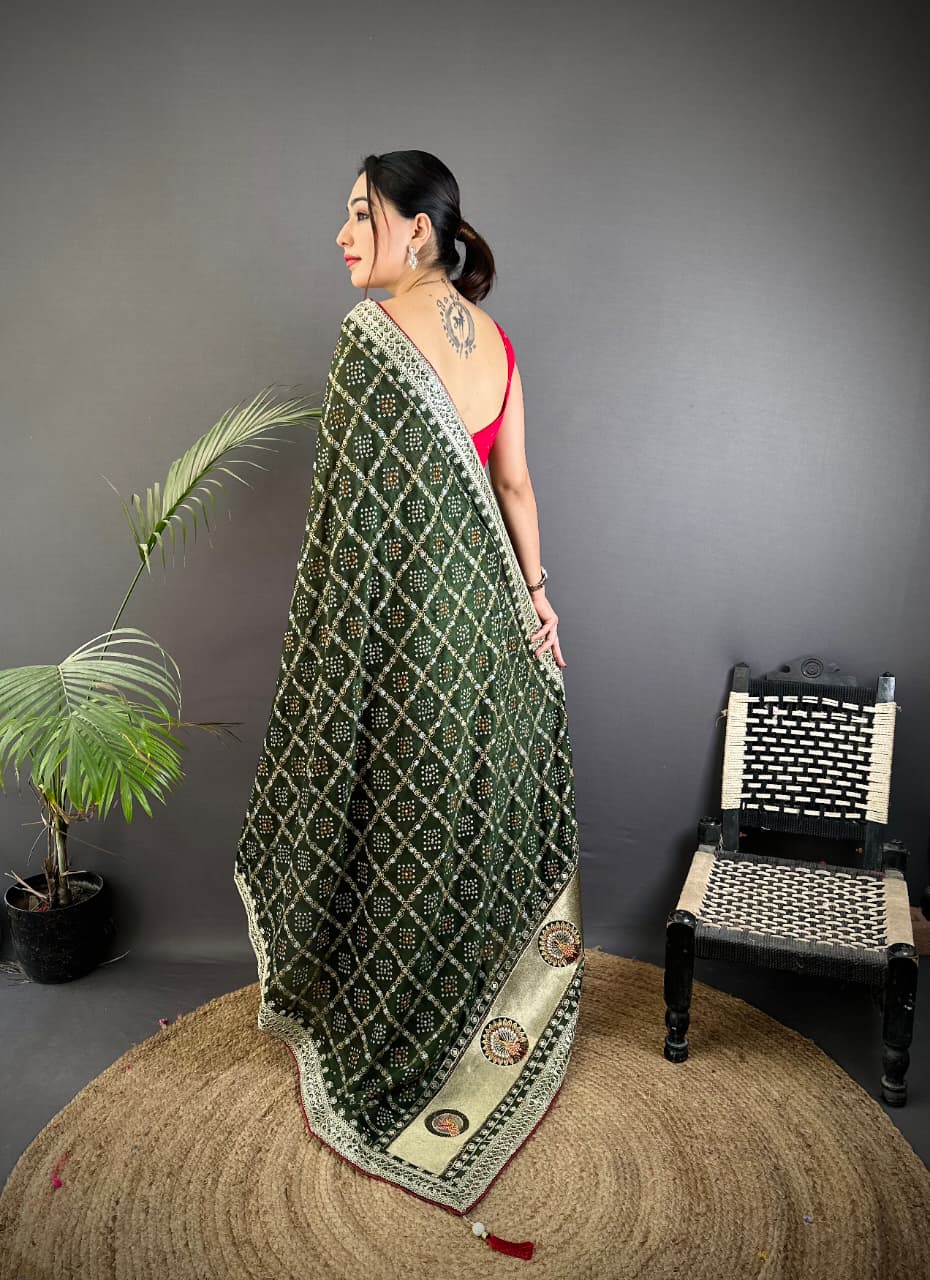 Mahendi green traditional blooming vichitra khadi bandhej silk saree with sequence work